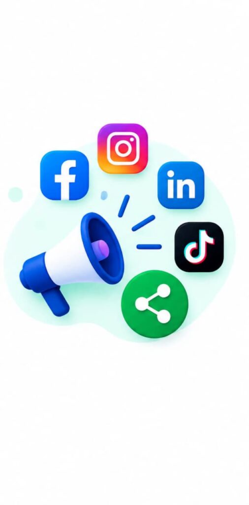 SMM social media marketing icon with social platforms and megaphone